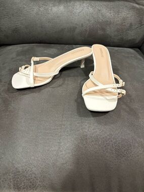 Wide White Strappy Square-Toe Kitten Heel Sandals